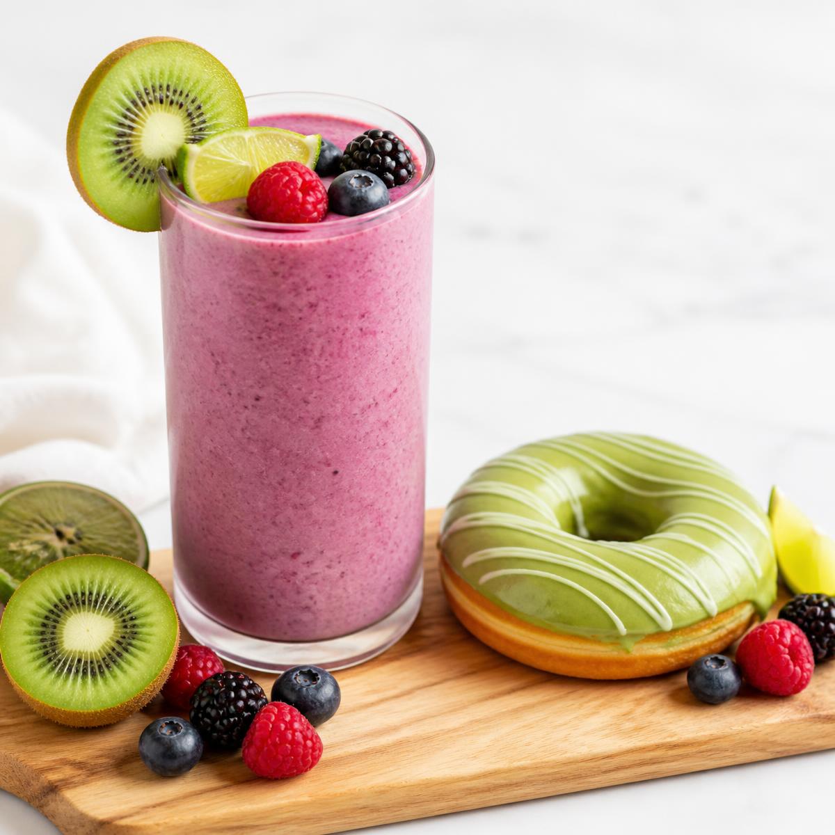 Protein shake and protein donut on a wooden board with fresh fruit