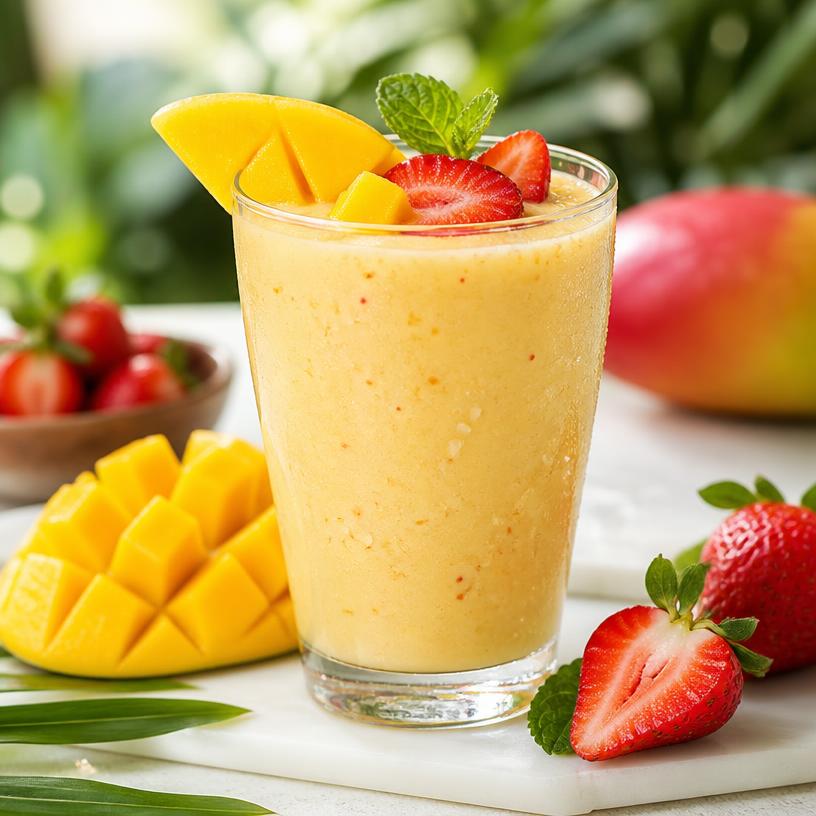 Tropical protein smoothie with mango and strawberry garnish