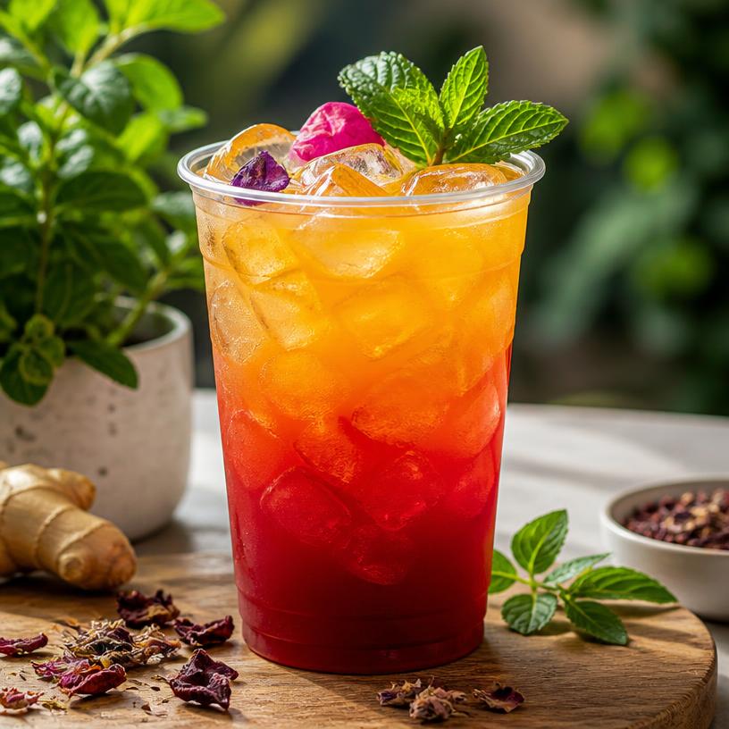 Iced layered energy tea with mint and ice